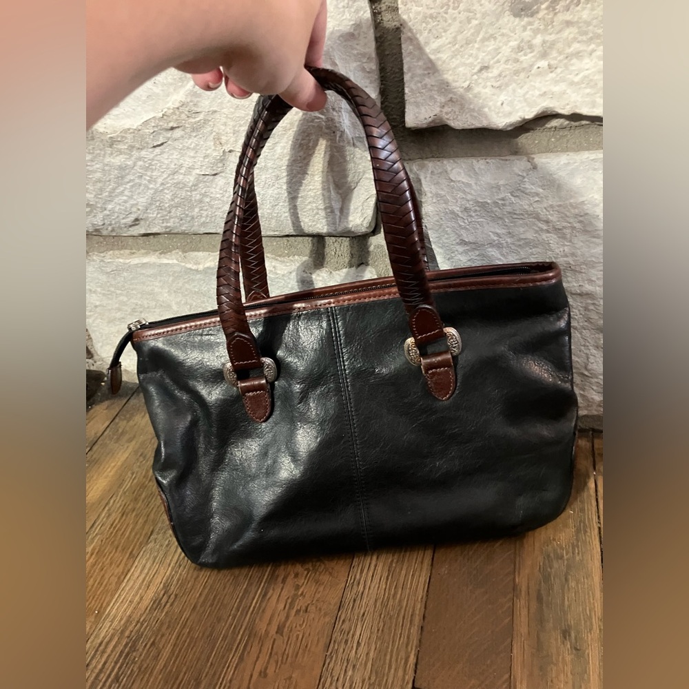 Elegant Vintage Fossil Black and Brown Braided Handles Leather Handbag